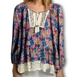 Matilda Jane Peasant Top Pink Blue Poppies Lace Boho